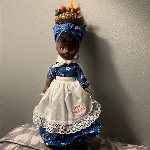 Gambina New Orleans Doll Blue & White dress white apron & Fruit Basket Hat